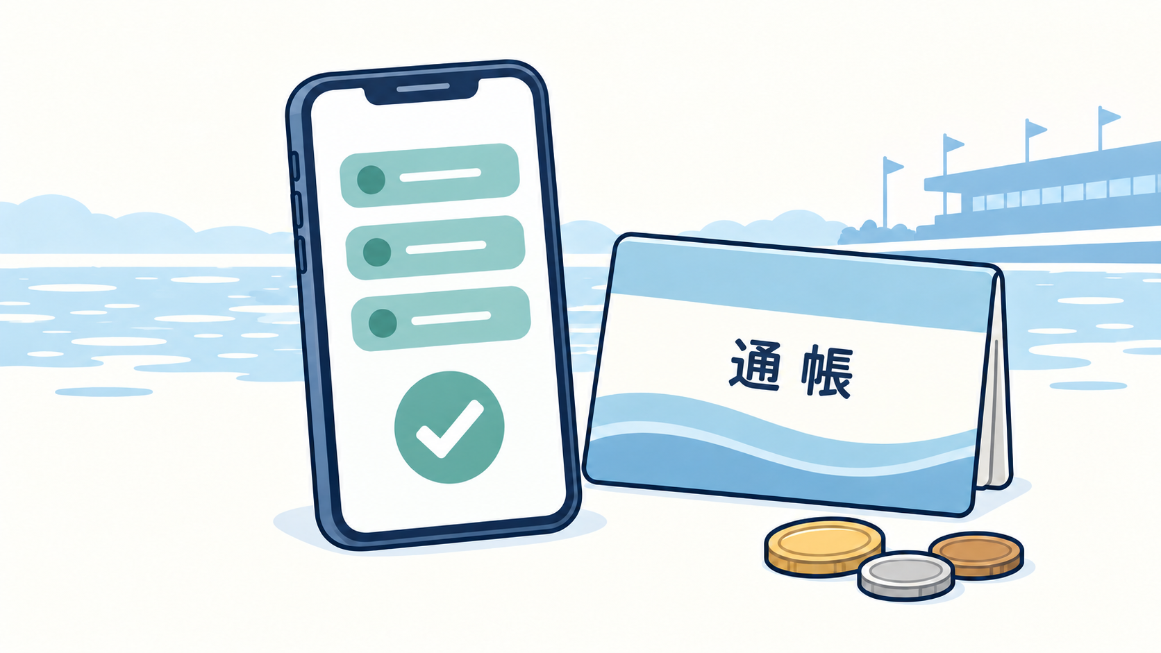ネット投票を確認するスマートフォンと銀行口座を表す通帳のイラスト