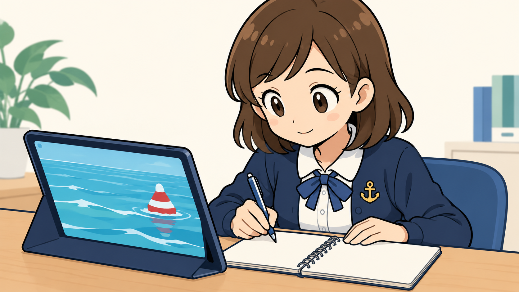 助手が展示映像を見ながら気づいた点をメモするイラスト