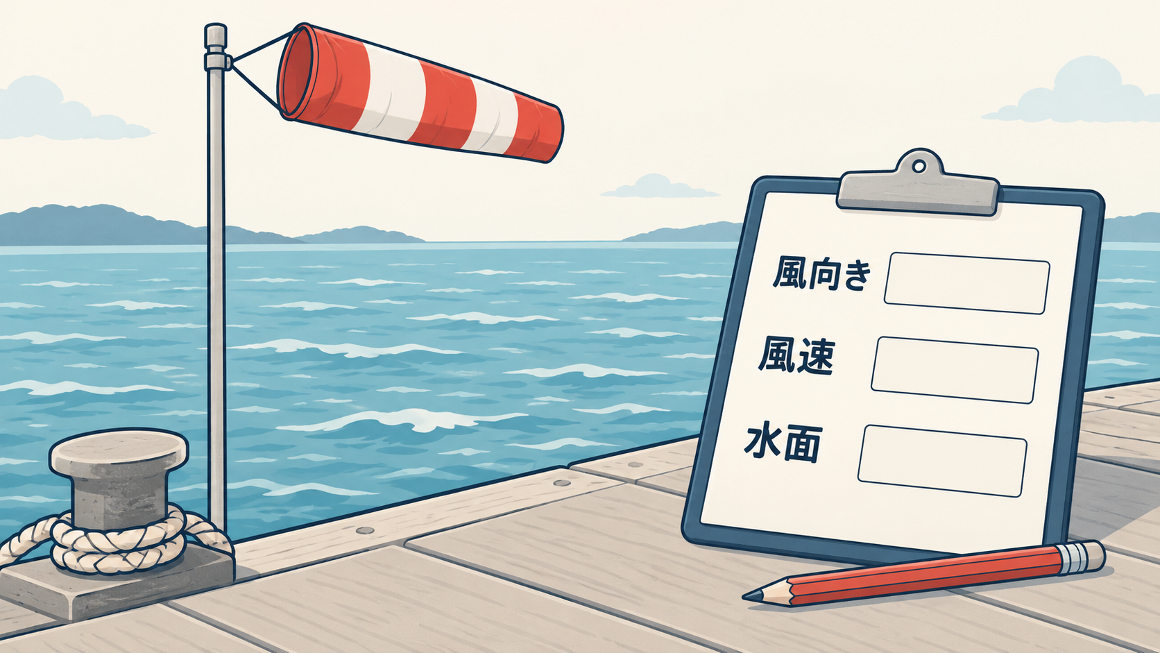 水面と吹き流しを見ながら直前情報を確認するイメージ