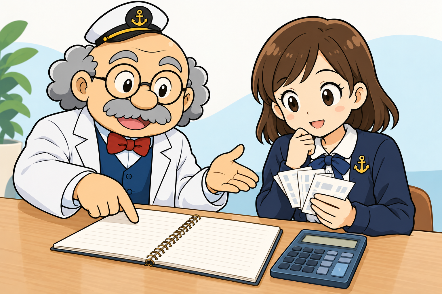 蛭子買いの舟券代を電卓で確認するハカセと助手